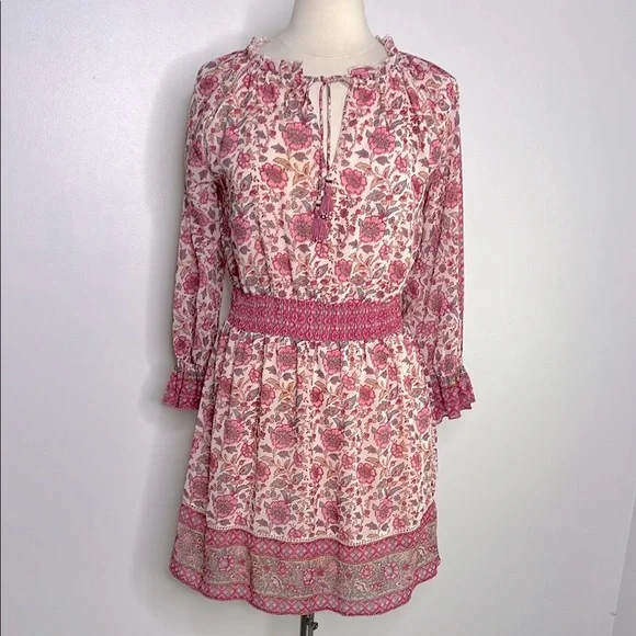 Anthropologie Love The Label Pink Floral Border Print Mini Dress small - Picture 2 of 12